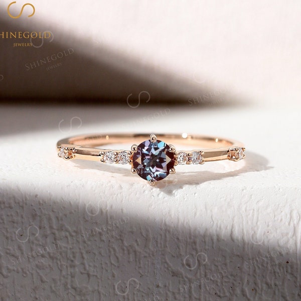 bague de fiançailles vintage en alexandrite, art déco, coupe ronde, bague de mariée Moissanite, diamant unique, bague de mariage en or rose, promesse d'anniversaire