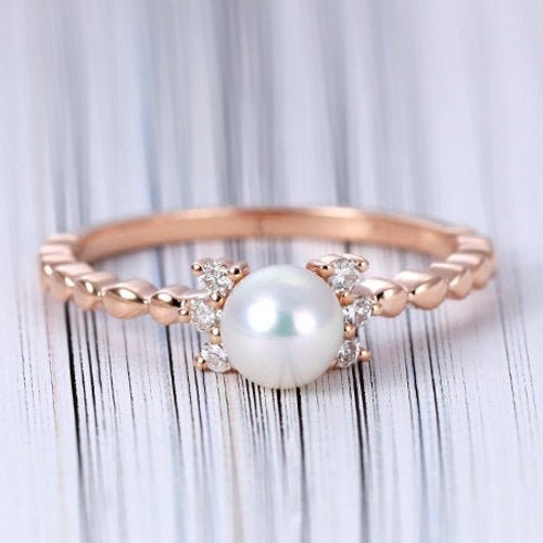 Pearl Engagement Ring Vintage Rose Gold Women Wedding Diamond - Etsy