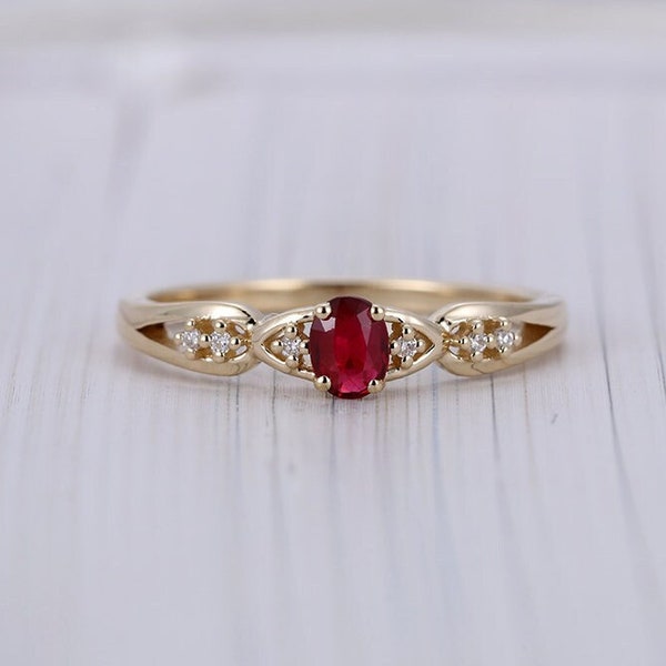 Ruby Engagement Ring Vintage 14k Yellow Gold Ring Oval Cut Engagement Rings Art Deco Ruby Ring Diamond Prong Set Bridal Anniversary Ring