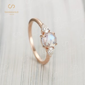 Vintage Moonstone Engagement Ring Art Deco Rose Gold Ring Pear Moissanite Ring Round Moonstone Ring Simple Engagement Ring Bridal Ring