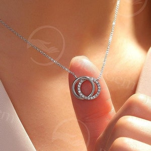Double Hoop Necklace Round Moissanite Pendant Dainty Love Knot Necklace Rose Gold Charm Chain Double Circle Necklace CZ Anniversary Necklace