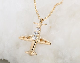Unique Moissanite Necklace,Charming Airplane Star Pendant, Yellow Gold Plated Travel Jewelry,Minimalist Design Necklace Gift for Kids