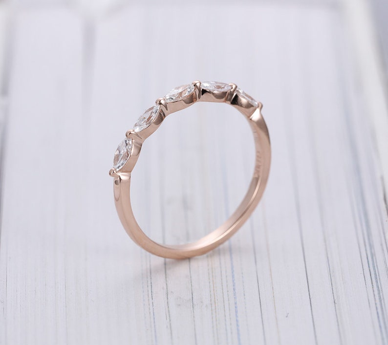 Art Deco Rose Gold Wedding Band Unique Marquise Cut Moissanite Etsy