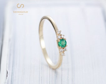 Vintage Emerald engagement ring Yellow gold ring Diamond wedding band Dainty engagement ring Simple ring Antique emerald ring bridal ring