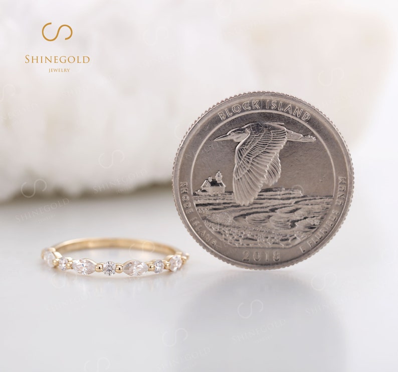Vintage wedding band gold Marquise cut half eternity Moissanite ring Delicate women matching Stacking band Promise Anniversary