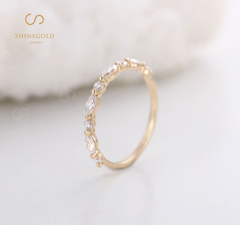 Vintage wedding band gold Marquise cut half eternity Moissanite ring Delicate women matching Stacking band Promise Anniversary