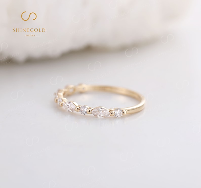 Vintage wedding band gold Marquise cut half eternity Moissanite ring Delicate women matching Stacking band Promise Anniversary