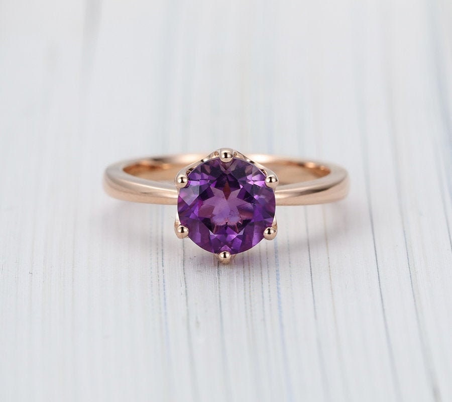 Beautiful Engagement Ring Round Cut 1.3CT Amethyst Wedding Ring Rose Gold Anniversary Ring Natural Amethyst Ring Elegant Design