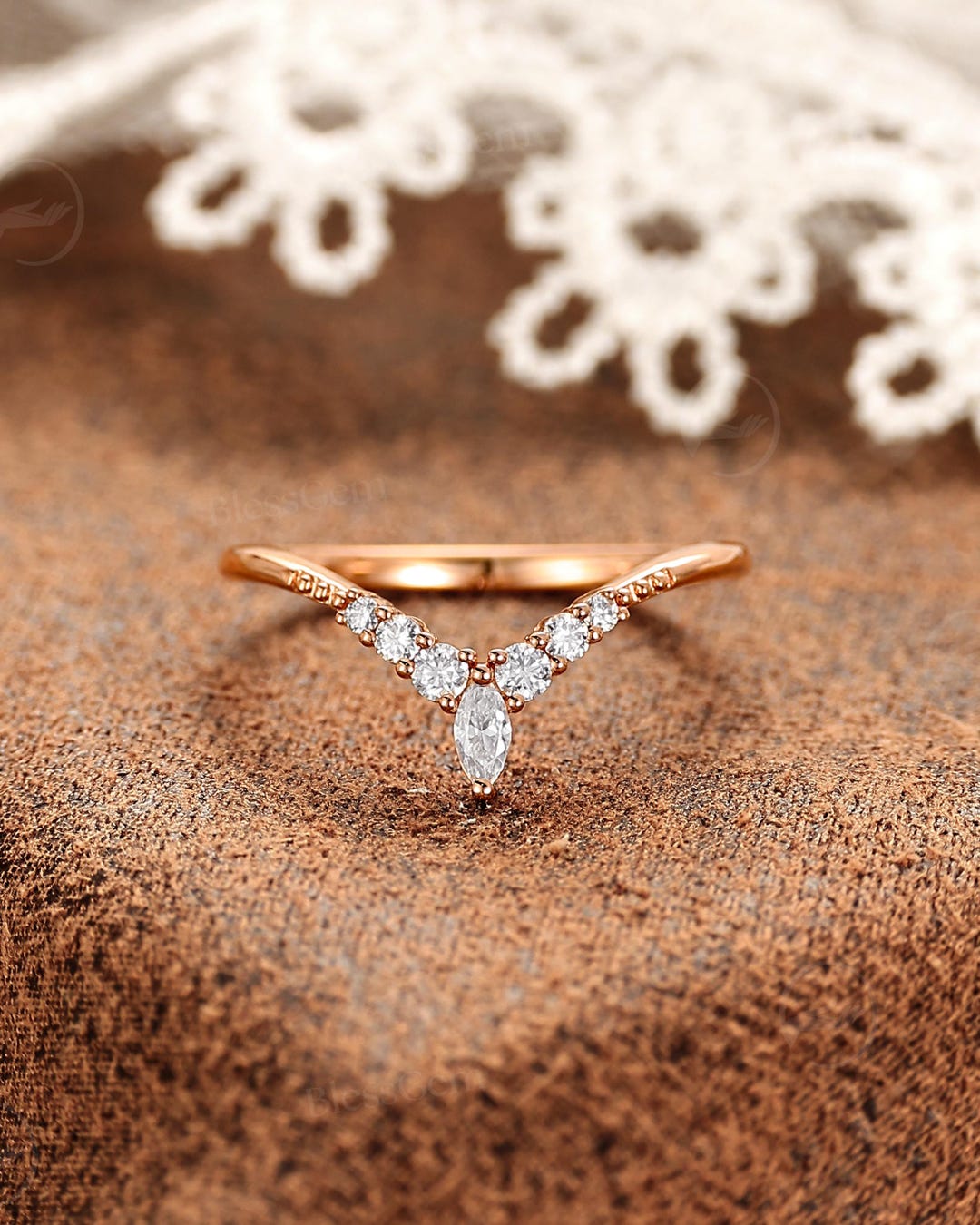 Moissanite Curved Wedding Band by Blessgem • Rose Gold • Chevron Ring ...