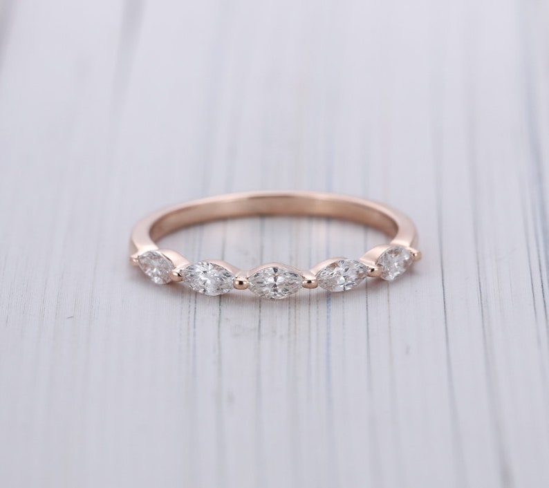 Art Deco Rose Gold Wedding Band Unique Marquise Cut Moissanite Etsy