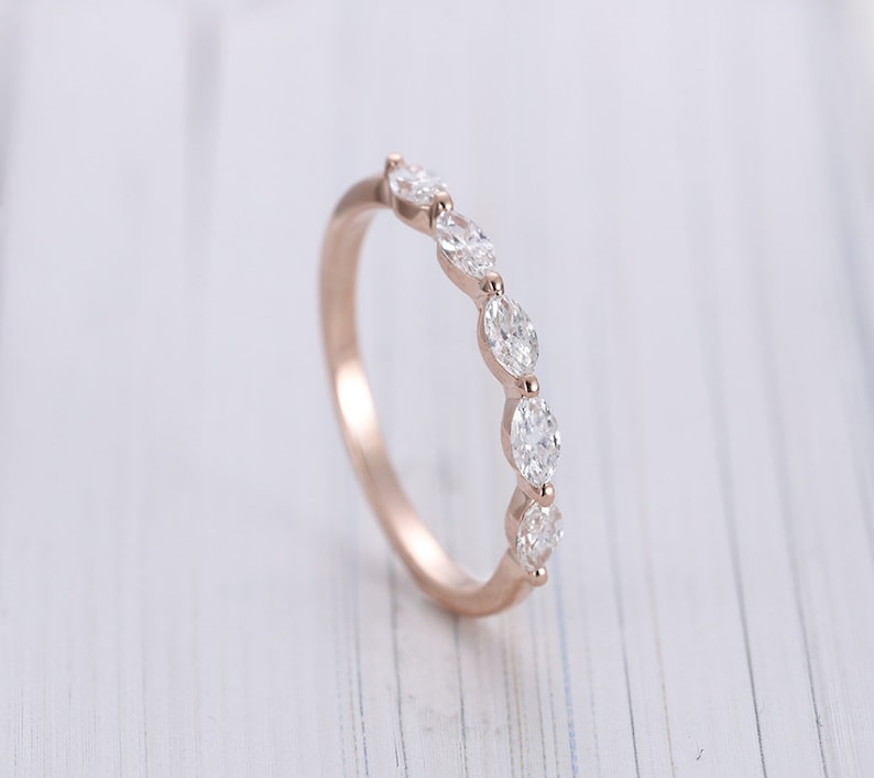 Art Deco Rose Gold Wedding Band Unique Marquise Cut Moissanite Etsy