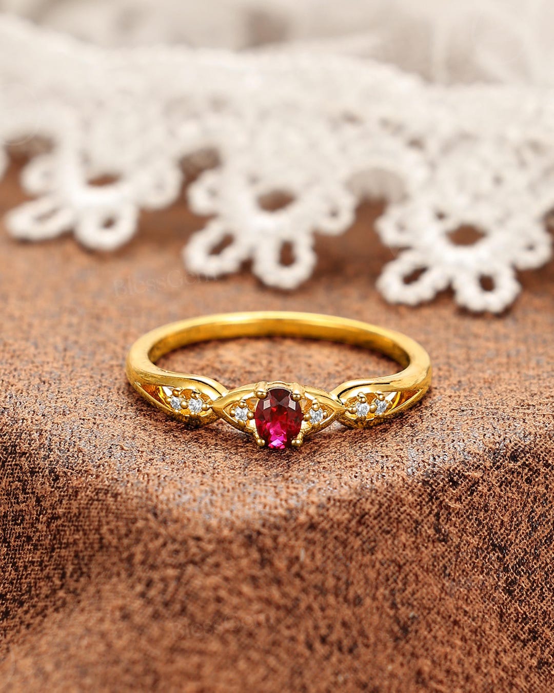 Dainty Ruby Engagement Ring by Blessgem • Yellow Gold • Vintage Style ...