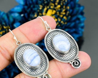 Exquisite Blue Lace Agate Earrings, Blue Drop & Dangle Earrings, 925 Sterling Silver Jewelry, Anniversary Gift, Earrings For Her