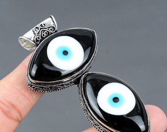 Zeldzame zwarte kleur Evil Eye Vintage hanger, edelsteen hanger, zwarte hanger, 925 sterling zilveren sieraden, verjaardagscadeau, hanger voor moeder