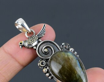 Antique Natural Labradorite Bird Pendant, Gemstone Pendant, Gray Pendant, 925 Sterling Silver Jewelry, Engagement Gift, Pendant For Wife