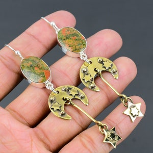 Unakite Star Moon Earrings: Sterling Silver Dangle Jewelry