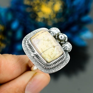 Exquisite Porcelain Jasper Ring, Gemstone Ring, White Statement Adjustable Ring, 925 Sterling Silver Jewelry, Anniversary Gift, Ring For Her
