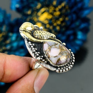 Pink Opal Copper Parrot Ring, 18K Gold Plated Gemstone Ring, Pink Solitaire Adjustable Ring, 925 Sterling Silver Jewelry