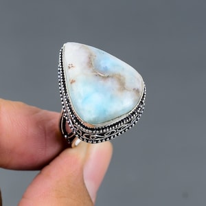 Vintage Pear Larimar Ring: Handmade 925 Sterling Silver, Size 7.75