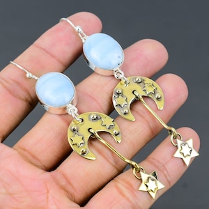 Owyhee Blue Opal Star And Moon Earrings, 18K Gold Plated Gemstone Earrings, Blue Drop & Dangle Earrings, 925 Sterling Silver Jewelry