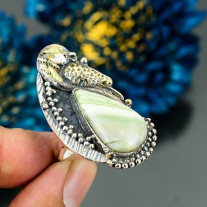 Rare Imperial Jasper Parrot Ring, Gemstone Ring, Green Statement Adjustable Ring, 925 Sterling Silver Jewelry, Wedding Gift, Ring For Mother