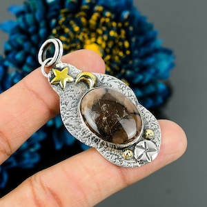 Rare Chiastolite Moon Star Pendant, 18K Gold Plated Gemstone Pendant, Brown Pendant, 925 Sterling Silver Jewelry, Wedding Anniversary Gift