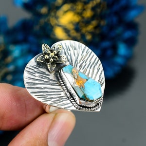 Spiny Oyster Copper Turquoise Ring, 18K Gold Plated Gemstone Ring, Blue Stackable Adjustable Ring, 925 Sterling Silver Jewelry