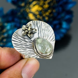 Moss Prehnite Ring: Pear Gemstone, 925 Sterling Silver, Adjustable