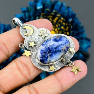 Antique Sodalite Moon Star Pendant: 925 Sterling Silver Gemstone Jewelry