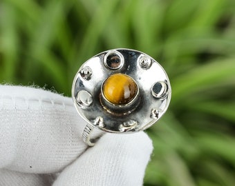 Handmade Tiger's Eye 925 Sterling Silver Ring - Size 6.75
