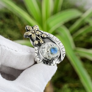 K2 Jasper 925 Sterling Silver Ring: Adjustable 18K Gold Flower
