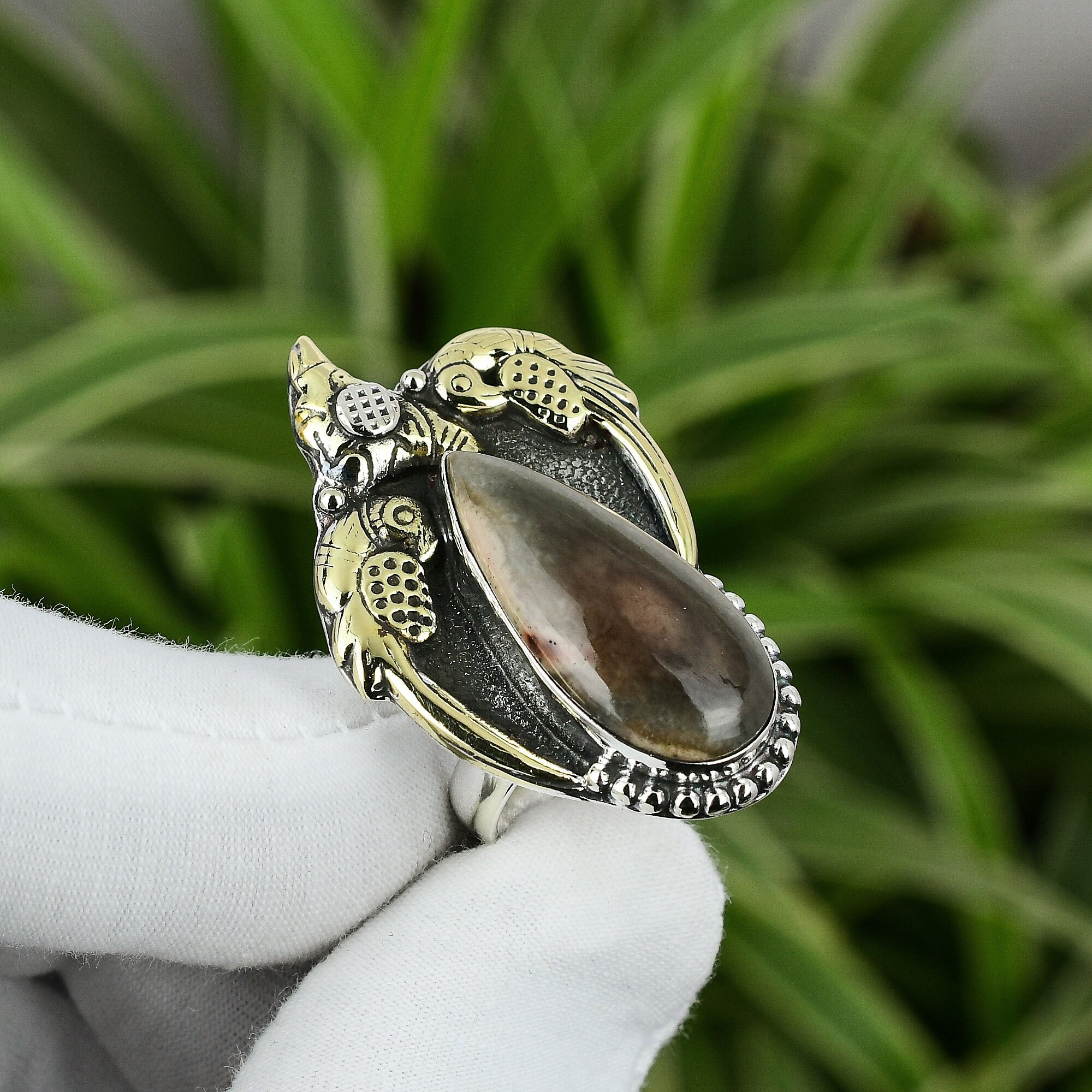 Handmade Pear Imperial Jasper Ring: 925 Sterling Silver, 18K Gold