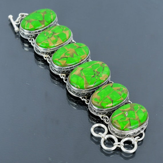 Copper Turquoise Sterling Silver Bracelet: Handmade Vintage