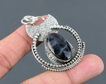 Ciondolo in argento sterling 925 con agata dendritica - Gioielli con pietre preziose fatti a mano