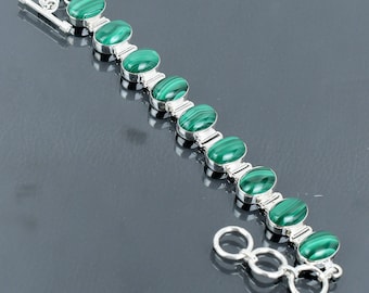 Handmade Malachite Bracelet: 925 Sterling Silver Adjustable Chain
