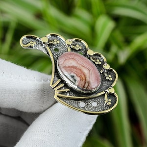 Rhodochrosite Ring 925 Sterling Silver Ring Adjustable Ring 18K Gold Plated Real Gemstone Ring Stylish Ring Handmade Ring Father&#39;s Day Gift
