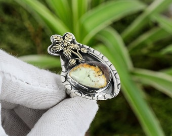 Handmade Lemon Chrysoprase Ring: 925 Sterling Silver Adjustable Flower Ring