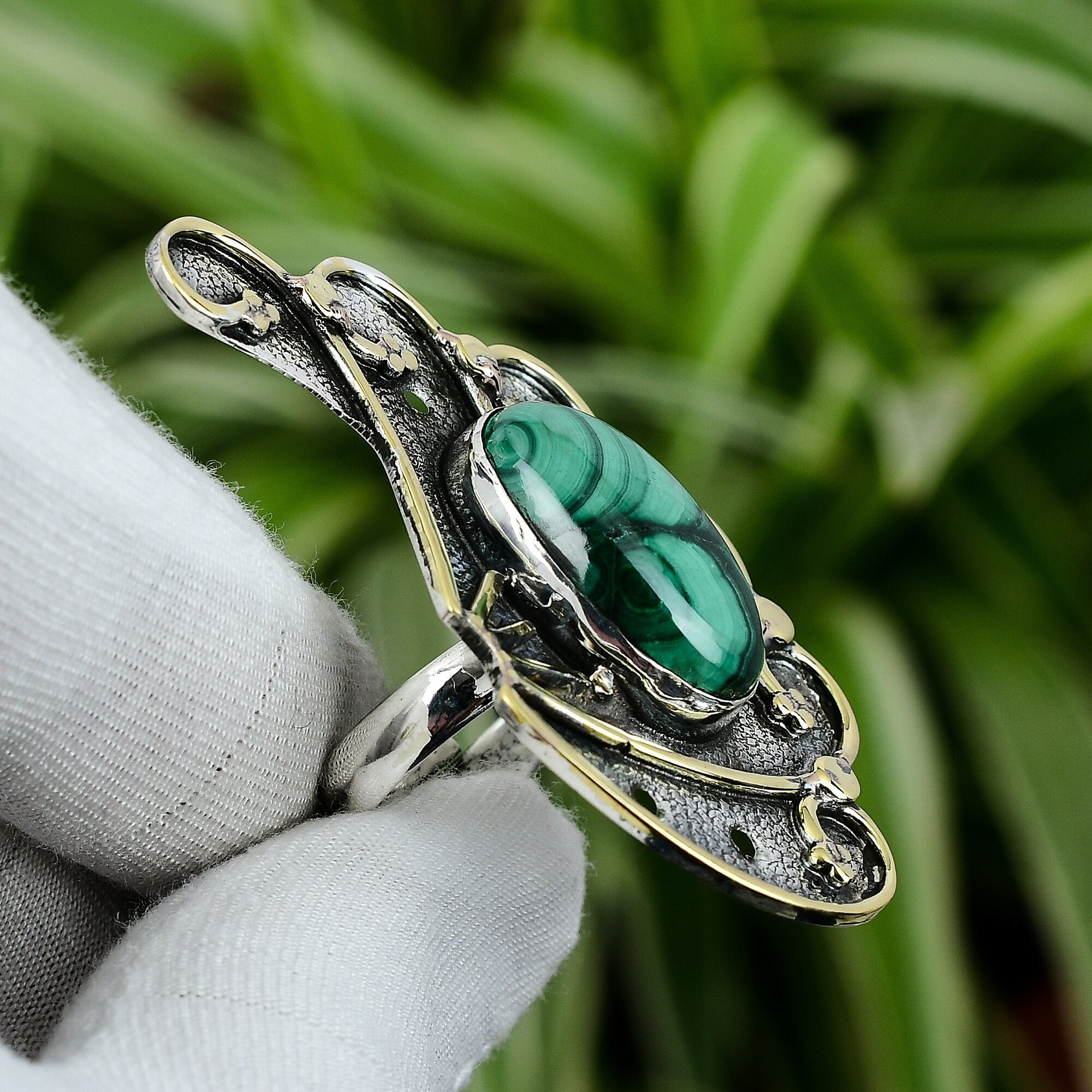 Vintage Silver F.C.作 Malachite Ring 925 Malachite Ring 925 Sterling Silver Designer Jewelry Gift for