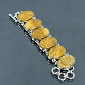Fossil Coral Bracelet: Handmade 925 Sterling Silver Adjustable Gemstone Jewelry