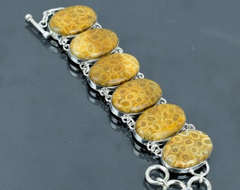 Pulsera de coral fósil: joyería ajustable hecha a mano con piedras preciosas en plata de ley 925.