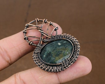 Handmade Ocean Jasper Pendant: Copper Wire Wrapped Gemstone Jewelry