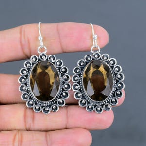 Handmade Faceted Smokey Quartz 925 Sterling Silver Earrings