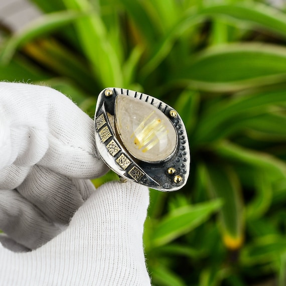 925 Silver Very Beautiful Genuine Golden Rutilated Quartz Ring Size 9 US Sale
