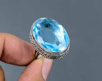Faceted Swiss Blue Topaz Ring: Handmade 925 Sterling Silver