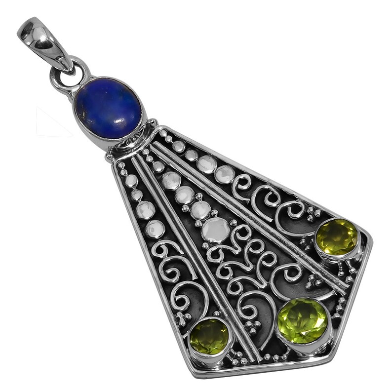 Excellent Quality Natural Lapis Lazuli Peridot Gemstone Pendant Birthday Gift Gemstone Handmade Ethnic 925 Sterling Silver Pendant 5 CM