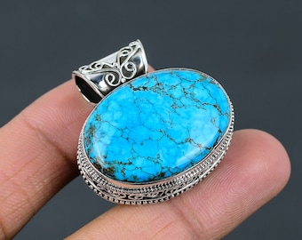 Tibetan Turquoise Pendant 925 Sterling Silver Pendant Oval Stone Gemstone Pendant Handmade Vintage Pendant Tibetan Jewelry Engagement Gift
