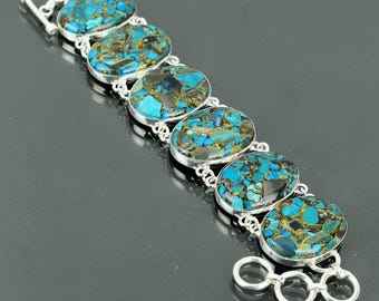 Handmade Sterling Silver Chrysocolla Bracelet: Oval Gemstones, Adjustable Chain