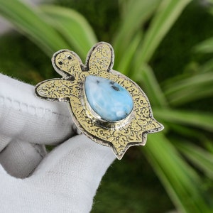 Larimar Ring 925 Sterling Silver Ring Adjustable Ring 18K Gold Plated Real Gemstone Ring Handmade Jewelry Gift For Her Tortoise Ring