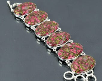 Handmade Copper Thulite Sterling Silver Bracelet: Oval Gemstone Chain (9 Inches)