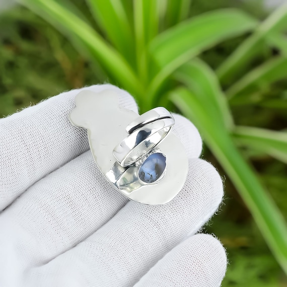 Blue Lace Agate Ring: Handmade 925 Sterling Silver 18K Gold Flower